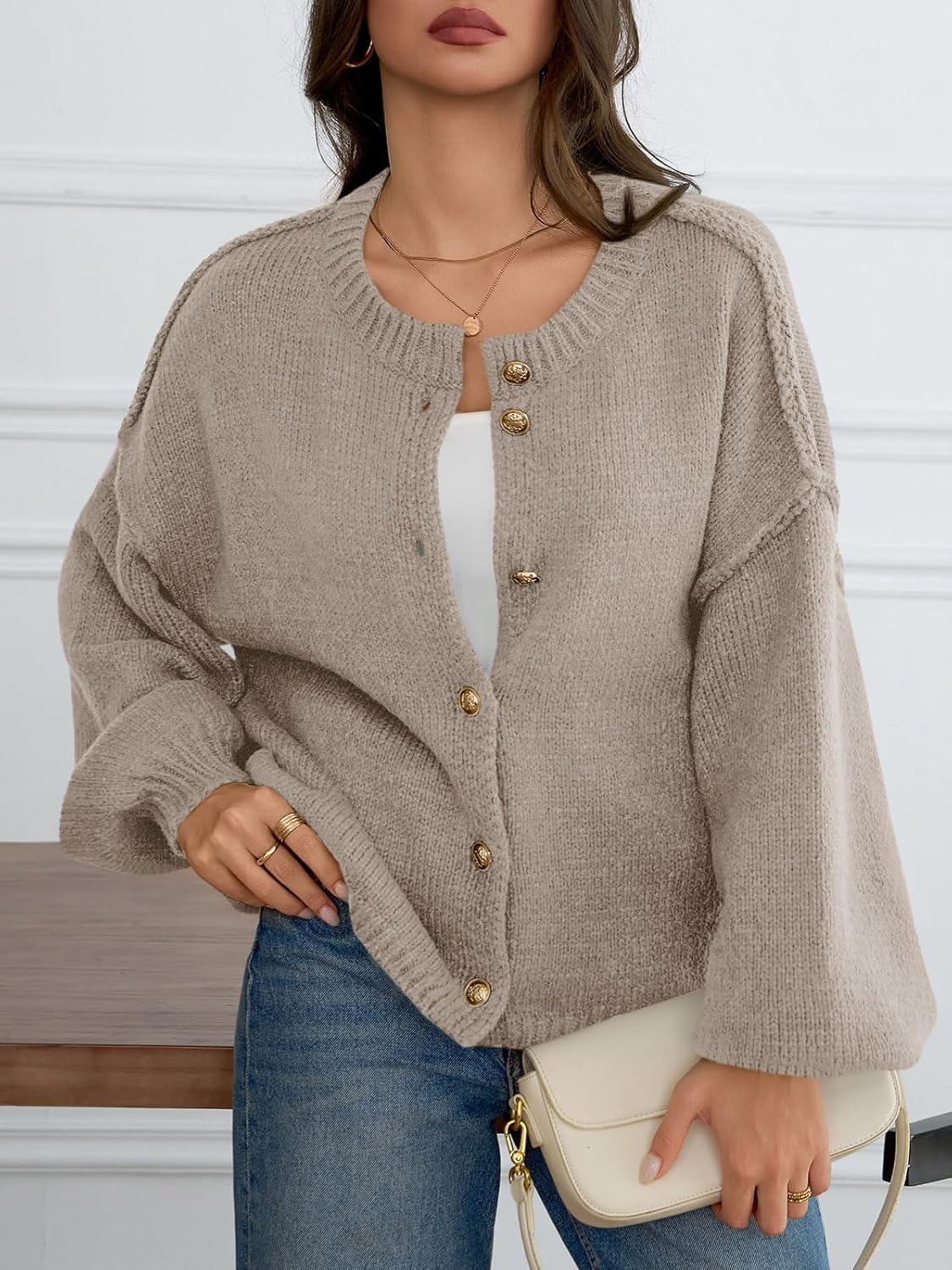 Saodimallsu Womens Oversized Cardigans Button Up Long Lantern Sleeve Chunky Knit Casual Soft Fall Sweater Coats - Image 3