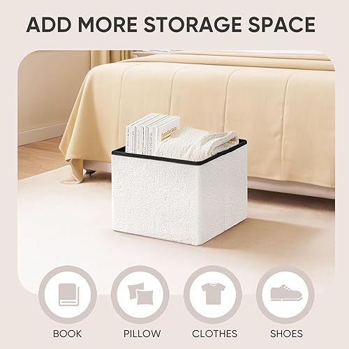 Miniatura 159 de PINPLUS Otomanas otomanas de almacenamiento con forma cuadrada con reposapiés de almacenamiento para sala de estar, asiento otomano Boucle para