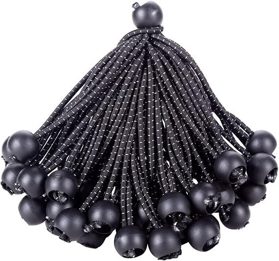 Ball Bungee Cords 6 Inch, 50 PCS Heavy Duty Black Bungie Cord Balls Canopy Tarp Tie Cords for Camping, Shelter,Cargo,Projector Screen,Tent Poles with UV Resistant