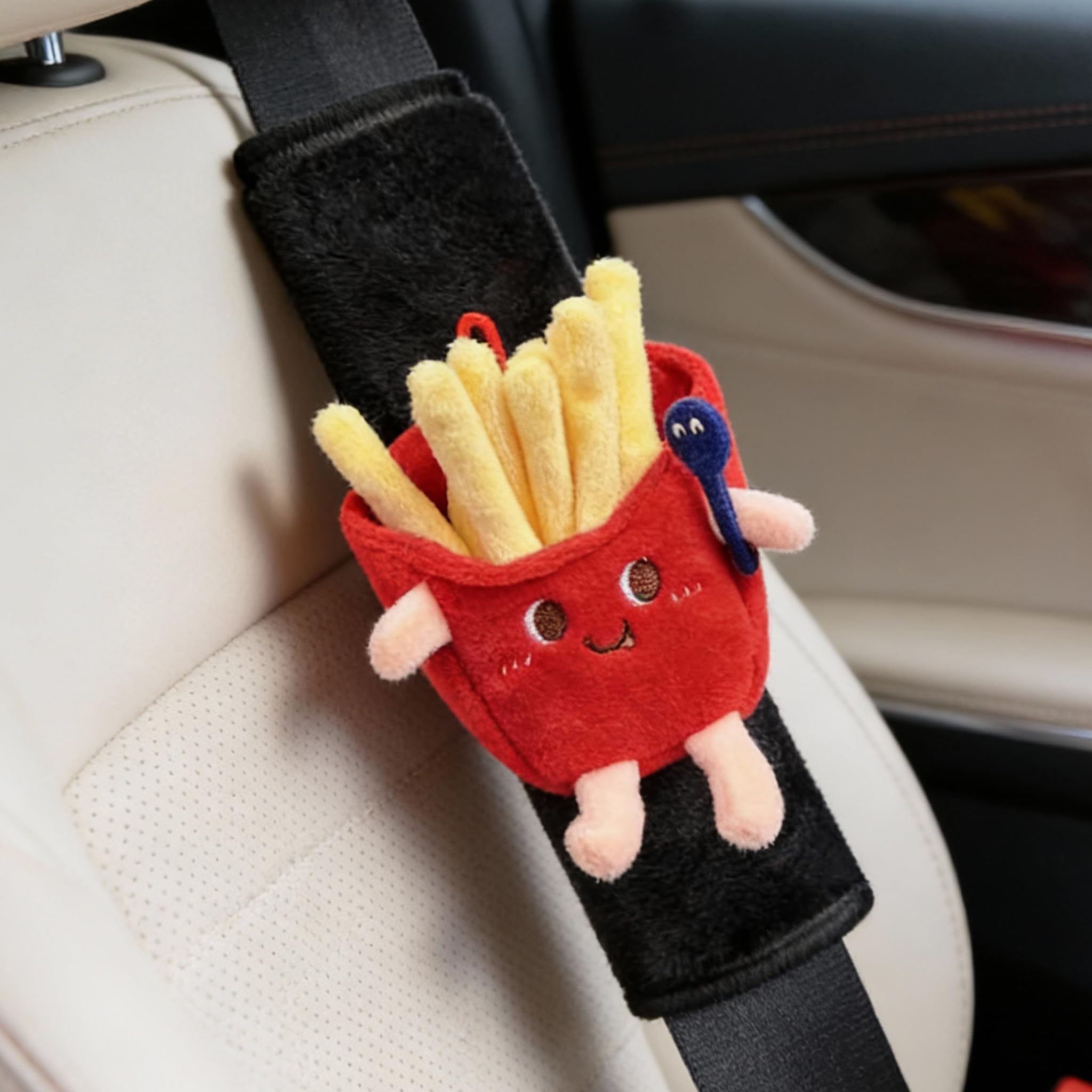 Zigihos Seat Belt Cover Pad, Cute Kawaii Food Seatbelt Covers for Kids, Winter Plush Fluffy Soft Seat Belt Cover, Chips Hamburger Seatbelt Cushion,Car