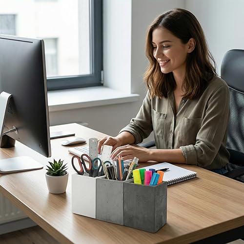 Miniatura 7 de MyGift Soporte para Bolígrafos y Lápices para Escritorio, Porta Lápices para Escritorio, Taza de Lápices de Escritorio de Concreto, Tono Gris