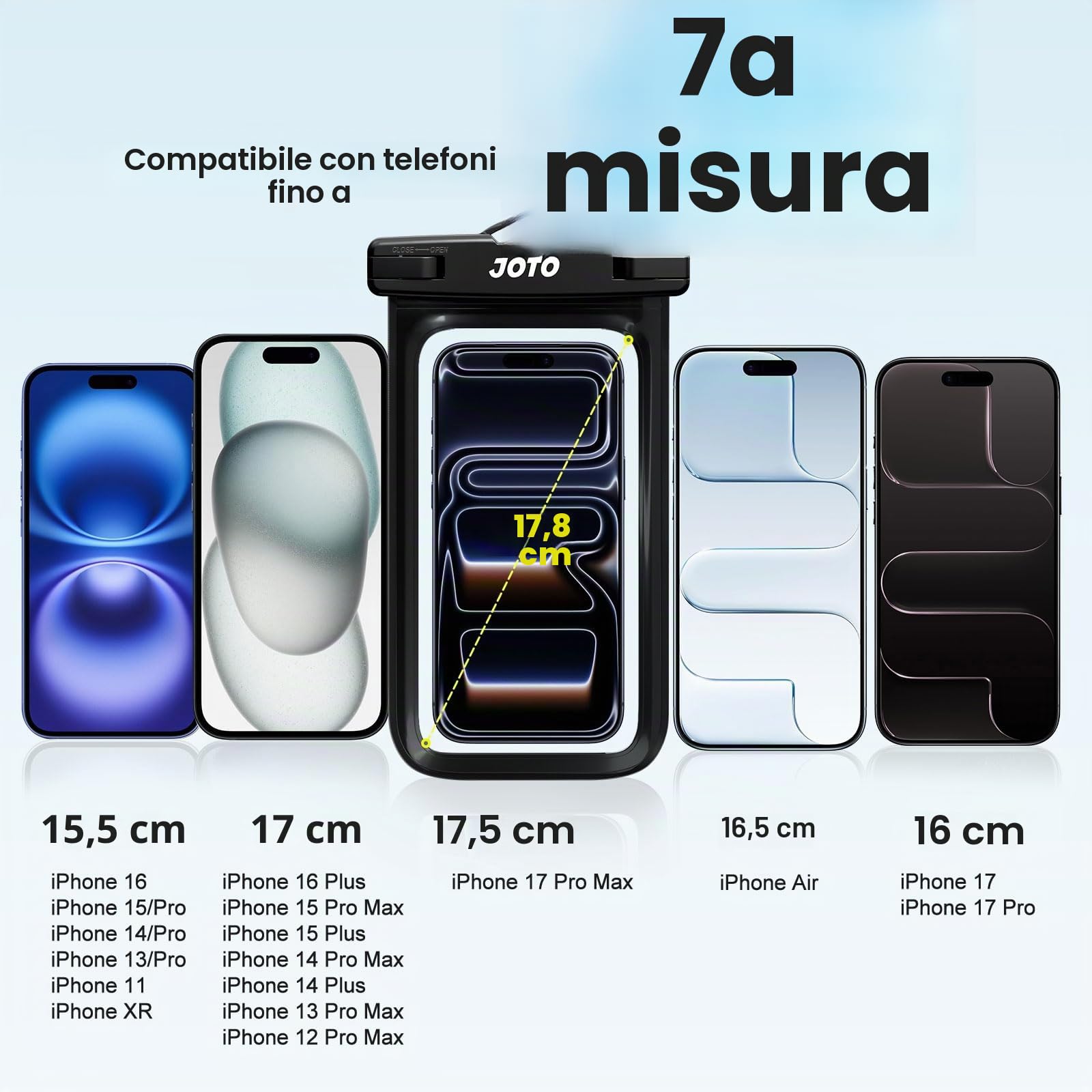 JOTO Custodia Impermeabile Smartphone 30M/IPX8, Universale Cover Subacquea | per iPhone 17 16 15 14 13 12 11 Air Pro Max Plus XS XR X 8 Galaxy S23 S22 S21 S20 Fino a 7-2 Pezzi JOTO Custodia Impermeabile Smartphone 30M/IPX8, Universale Cover Subacquea | per iPhone 17 16 15 14 13 12 11 Air Pro Max Plus XS XR X 8 Galaxy S23 S22 S21 S20 Fino a 7-2 Pezzi