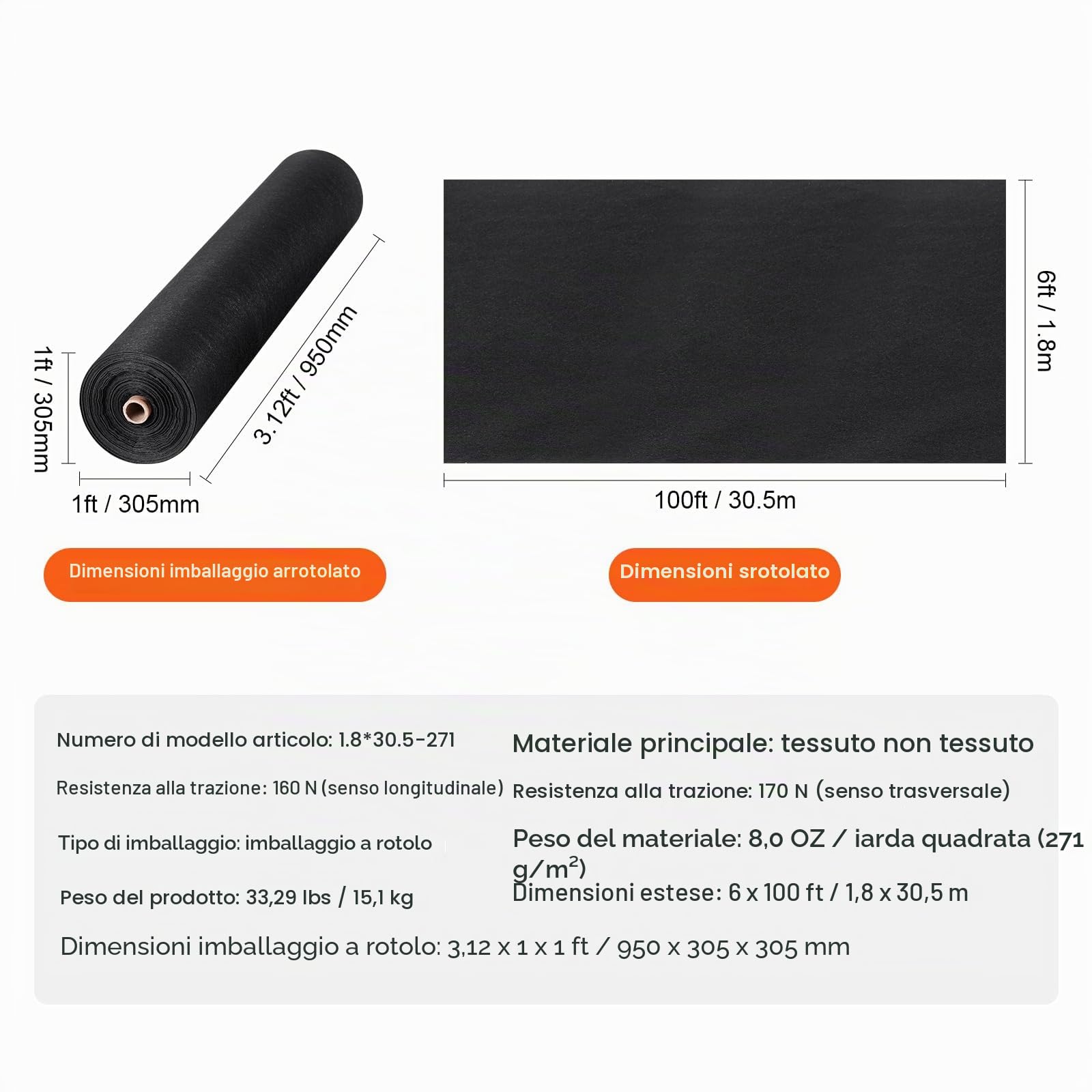 VEVOR Telo Geotessile Non Tessuto 1,8x30,5 m, Tessuto Pacciamante 271 g/m², Telo Pacciamatura Anti Erbacce per Sistemi di Drenaggio, Paesaggistica, Copertura Non Tessuto Geotessile del Terreno, Nero