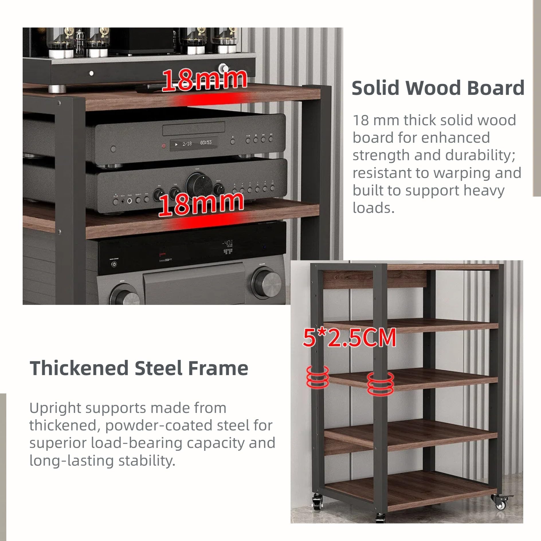 Stojak HiFi z kółkami, 4-poziomowa drewniana szafka AV, do gramofonu i konsoli do gier, regulowane półki, stojak na drukarkę, stylowa wieża do przechowywania (50 x 40 x 90 cm)