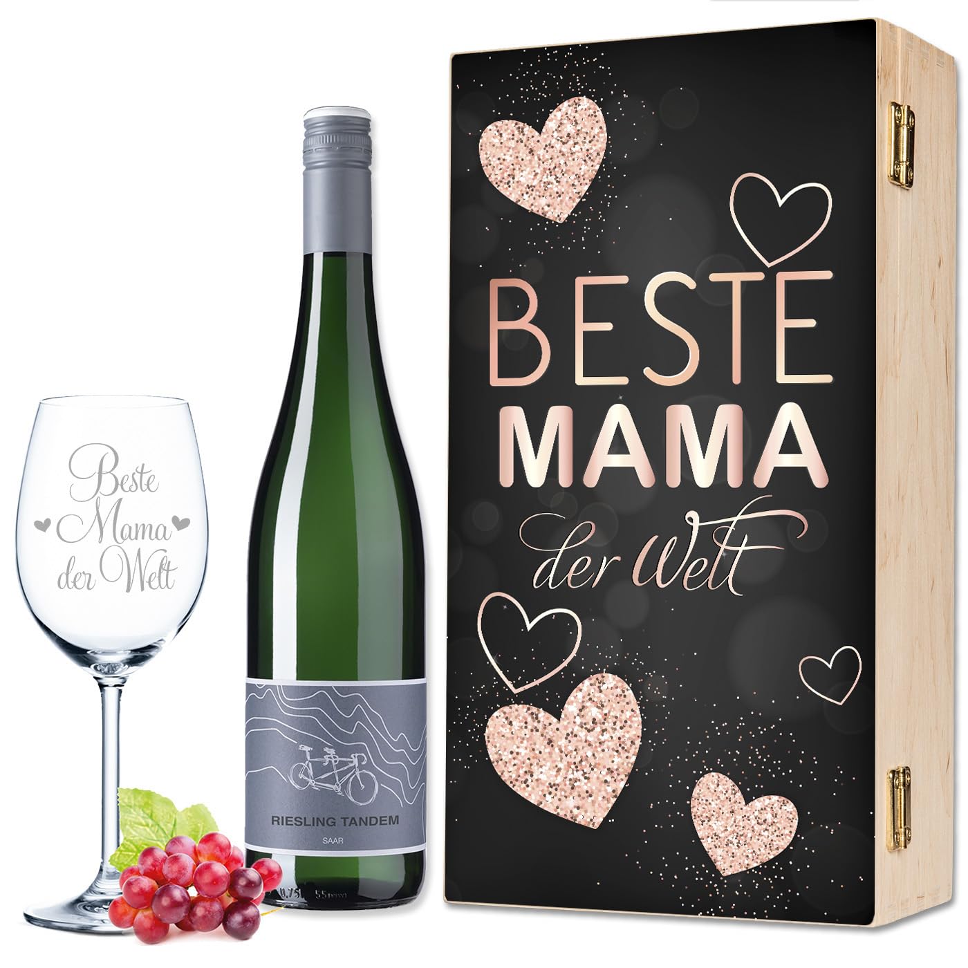 GRAVURZEILE Leonardo Weinglas mit Gravur - Beste Mama der Welt - Geschenkset inkl. Holzkiste & Flasche Wein - Geschenke für die beste Mama zum Muttertag, Geburtstag & Weihnachten - Farbe: Geschenkset