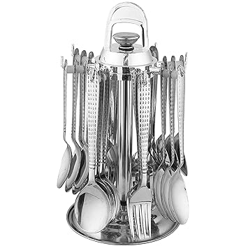 BLLUEX Premium Stainless Steel Cutlery Set - Set of 25 (Contains: 6 Dessert Spoons, 6 Dessert Forks, 6 Tea Spoons, 6 Soup Spoons, 1 Stand) - Silver