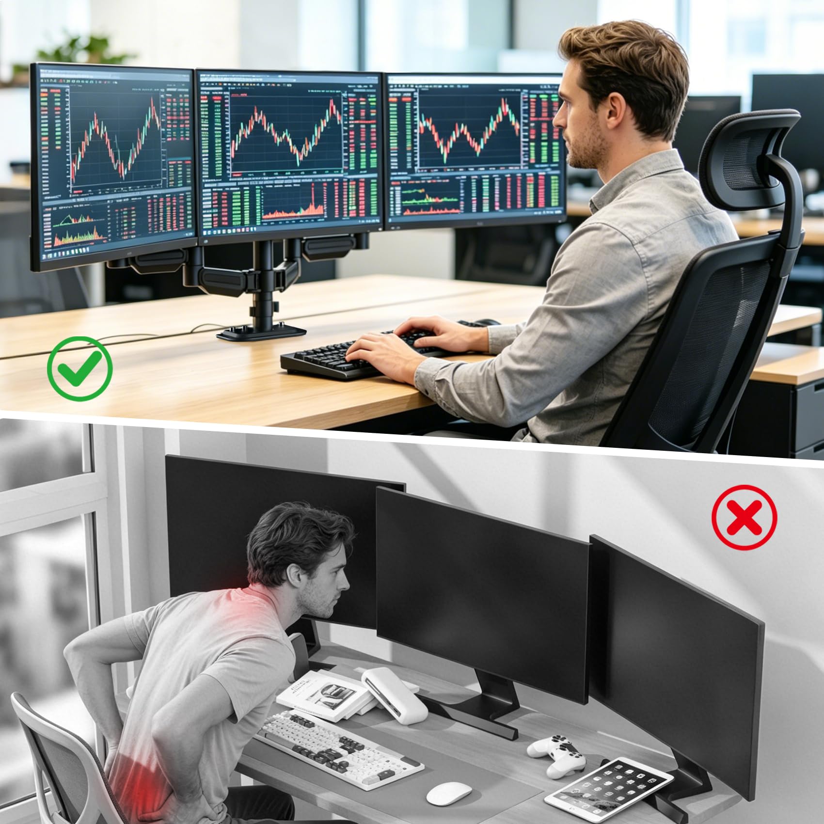 suptek Supporto per monitor triplo - 3 monitor con braccio per monitor a molla a gas adatto a tre schermi LCD piatti da 17 a 32" con morsetto, nero MD8003