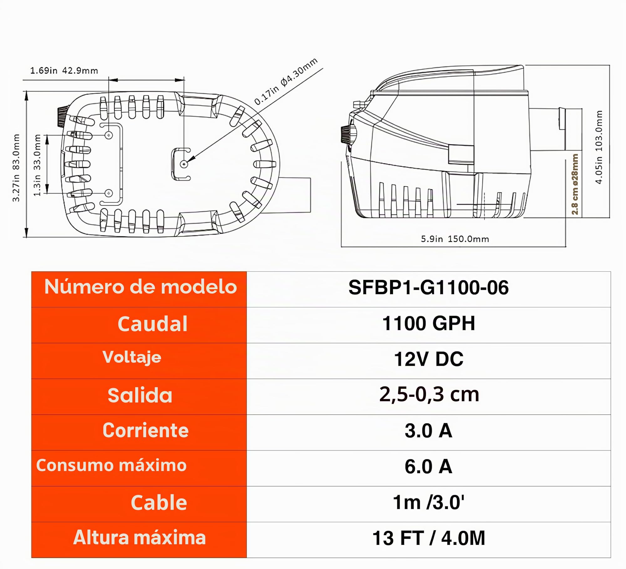 LIGHTEU Seaflo - Bomba automática de agua de sentina sumergible para barcos, 12 V, con interruptor de flotador 1100 GPH