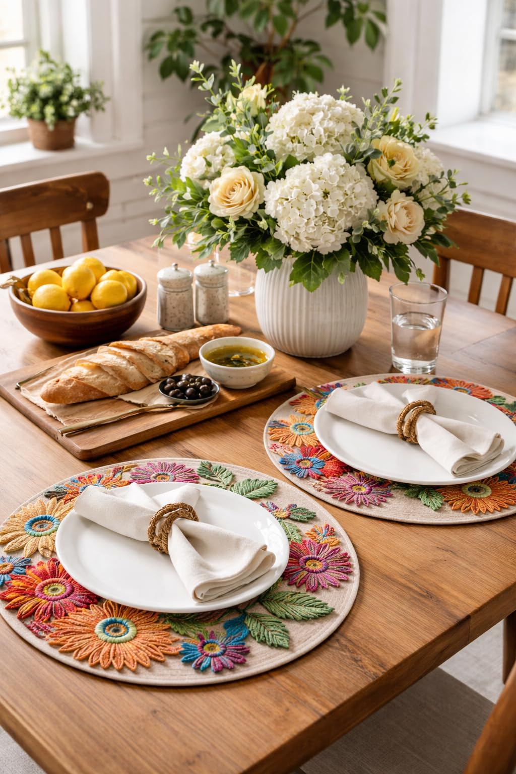 Round Cotton Placemats for Dining Table, Embroidered Floral Design, Washable Table Mats for Hot Pots and Plates, 10 inch, Pack of 2-image-0