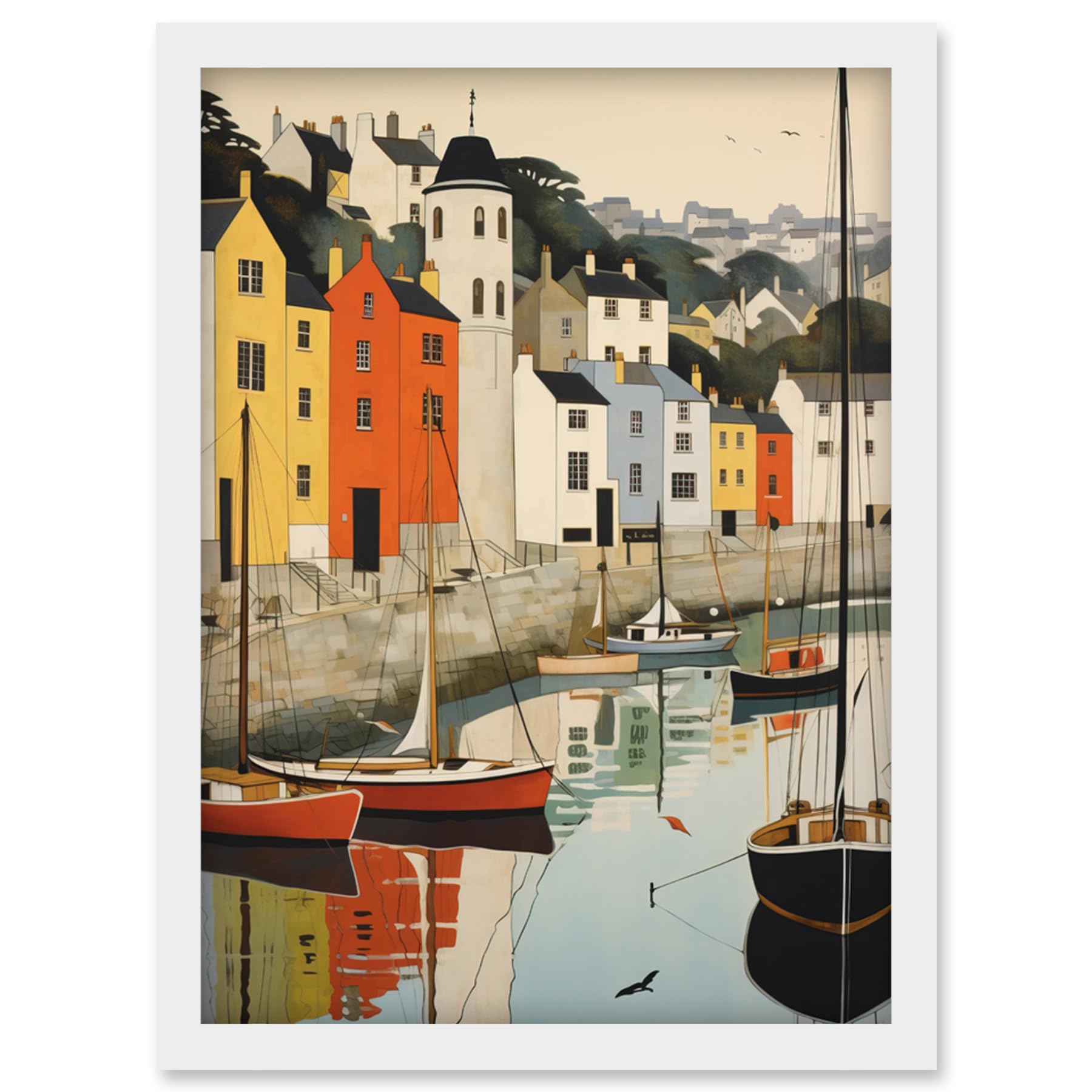 Watercolour Painting Print - Dartmouth Harbour Boats - Scenic River Dart Townscape - Devon Artwork - A4 Size