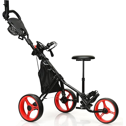 GYMAX Golf Push Cart, Foldable 3-Wheel Height Adjustable Lightweight Golf Caddy Cart with Umbrella Holder, Hydraulic Seat, Storage Bag & Cup Holder, Golf Trolley for Club
