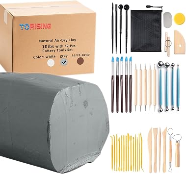 Air Dry Clay 10 LBs with 42 Pcs Set Pottery Clay Tools Set for Hand Modeling and Throwing, Non-Toxic Gray & Kit