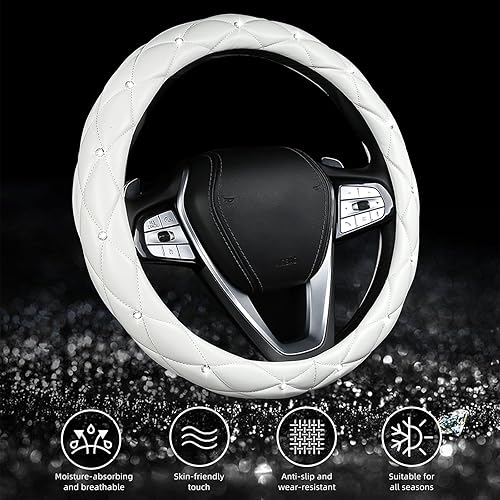 Miniatura 6 de Bonita funda para volante de automóvil blanca brillante, cubiertas para volantes de cuero PU suave, transpirable y antideslizante con diamantes