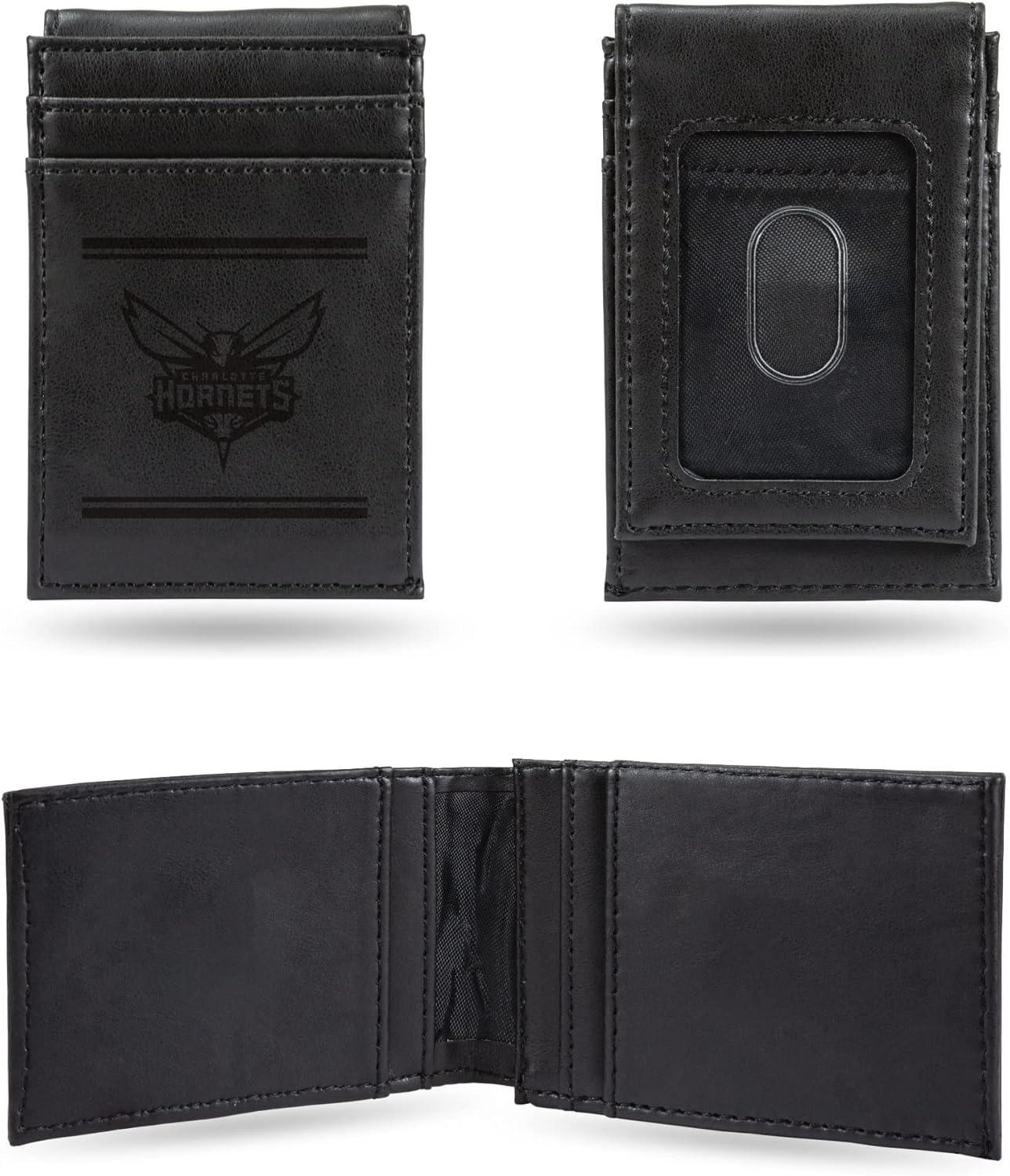 Rico Industries NBA Charlotte Hornets Premium Laser Engraved Vegan Black Leather Front Pocket Wallet - Compact and Slim yet Sturdy Design - Perfect to Show Your Team Pride or Gift