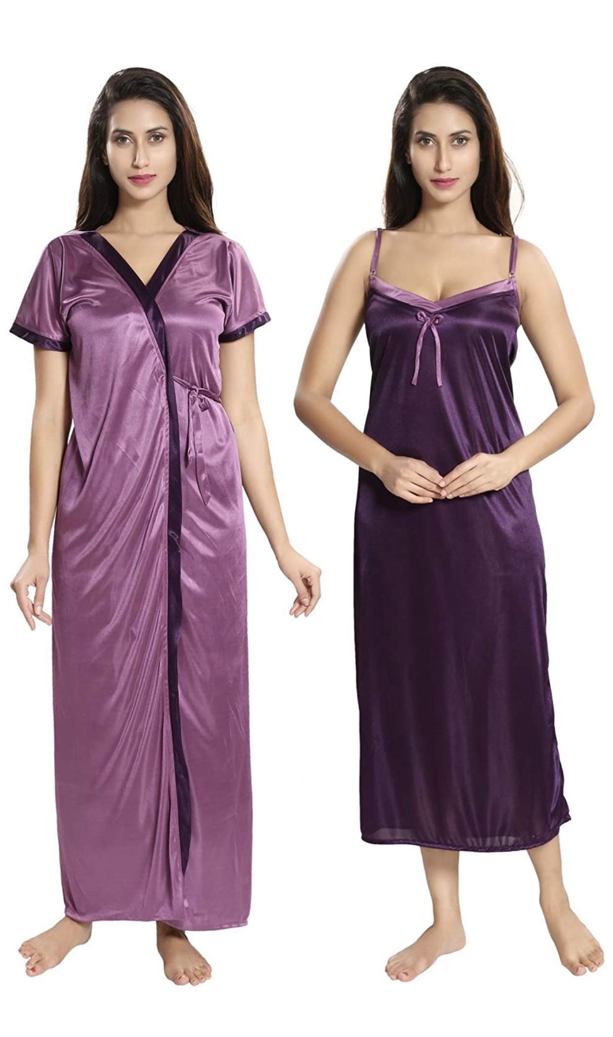 Satin 2 Pcs. Mix Match Nighty Set,Nighty & Robe (House Coat) for Girl/Women's (Purple & Wine)-image-41