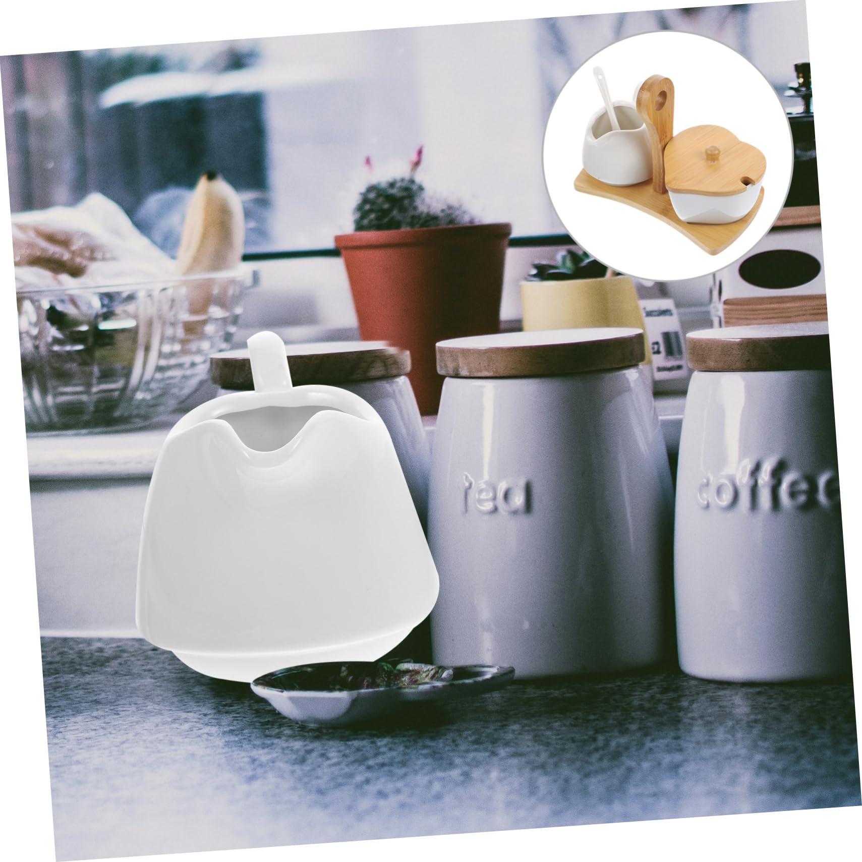 Alipis Azucarero y Jarra para Crema De Cerámica Blanca con Bandeja y Cuchara De Bambú para Hogar y Hotel Diseño Sencillo y Elegante para Servir Azúcar y Nata Mesa Dulce