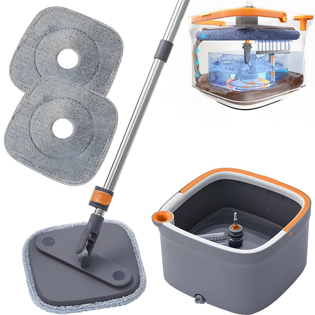 Spin Mop and Bucket with Dual Compartment Mops for Floor Cleaning, 360-Degree Rotation, Centrifugal Force, 2 Microfiber Mop Heads Spinning Mop and Buckets for Floor Cleaning.