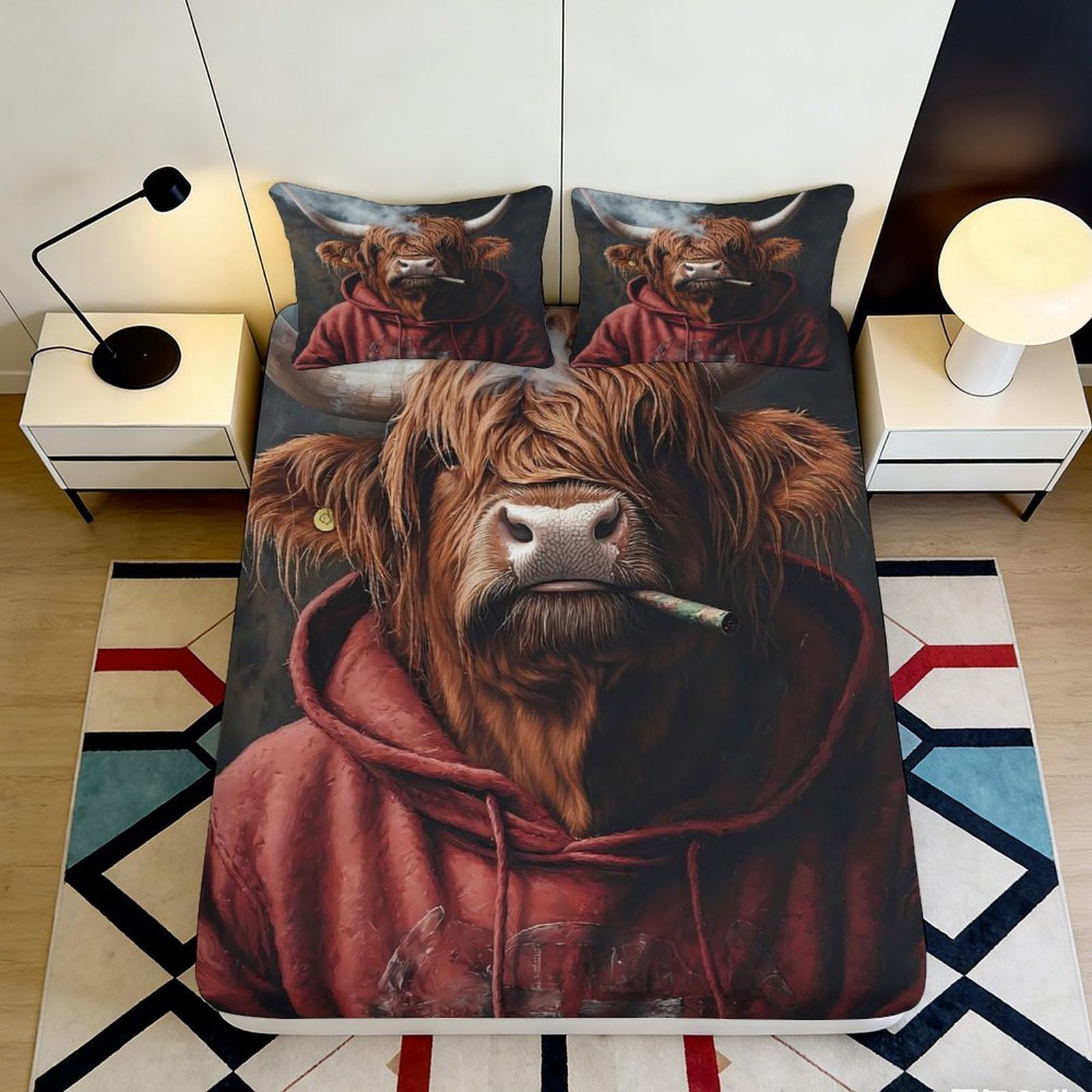 3D Printed Highland Cow Fitted Sheet Microfiber Soft Bedroom Decor Smoking Bull Bed Cover for Home Dorm 90x200x25cm