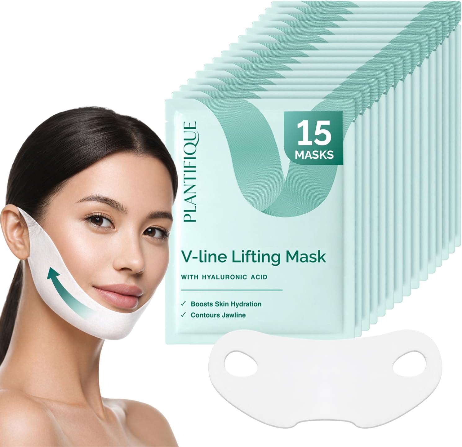 PLANTIFIQUE V-Line Face Lifting Chin Mask, 15 PCS - Hydrogel Chin Strap with Hyaluronic Acid and Aloe Vera - Jawline Shaper & Neck Firming