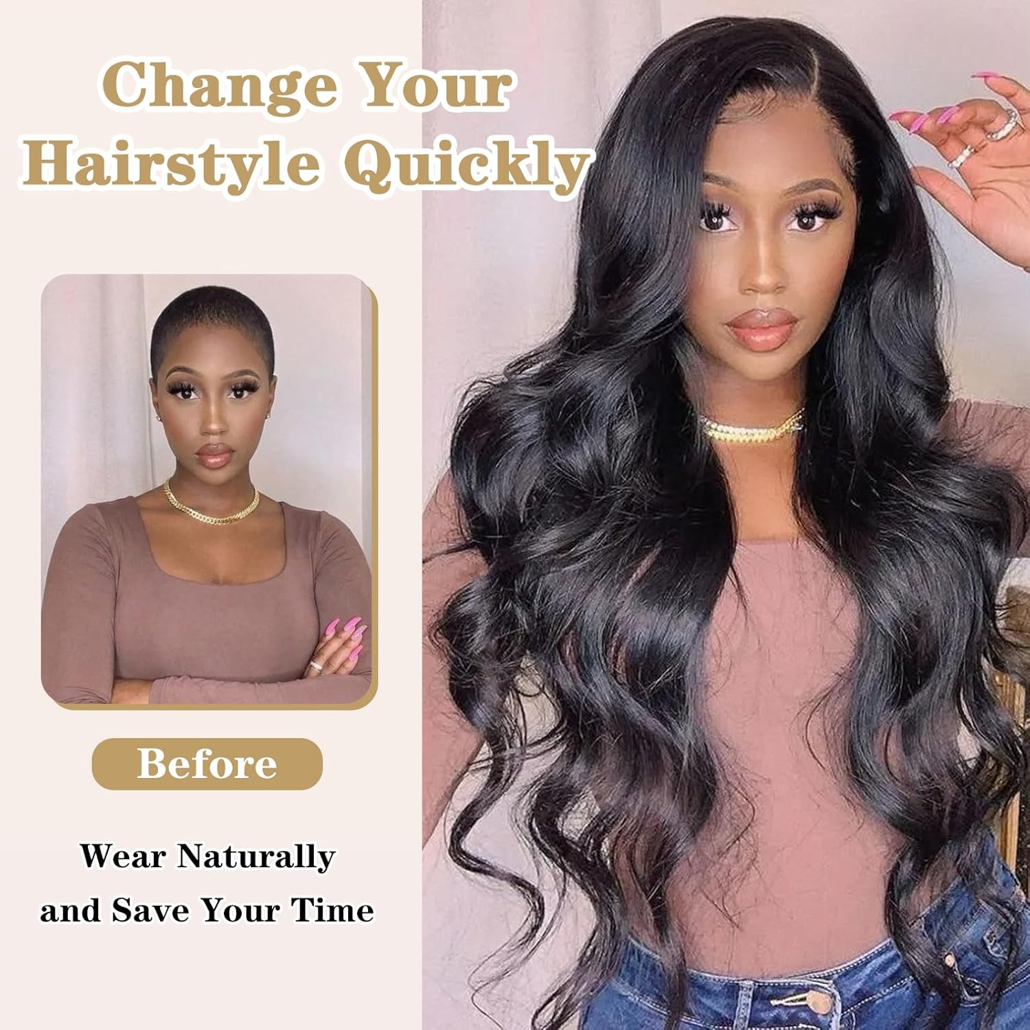 V Part Wig Wavy Half Wigs for Black Women Loose Body Wave Wig as Human Hair Full Head Clip In Hair Glueless Heat-Resistant Synthetic Wig Beginner Friendly (24 Inch, #1B)
