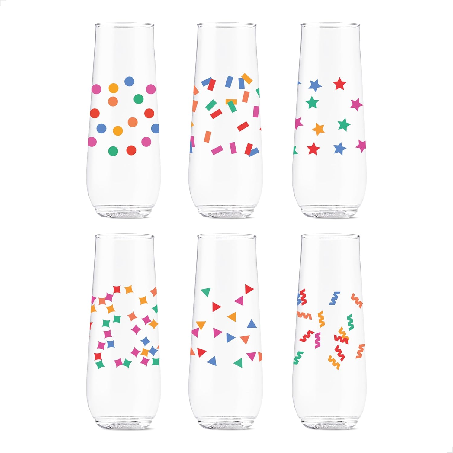 TOSSWARE POP 9oz Flute Confetti Galore Series, SET OF 6, Premium Quality, Recyclable, Unbreakable & Crystal Clear Plastic Printed Glasses