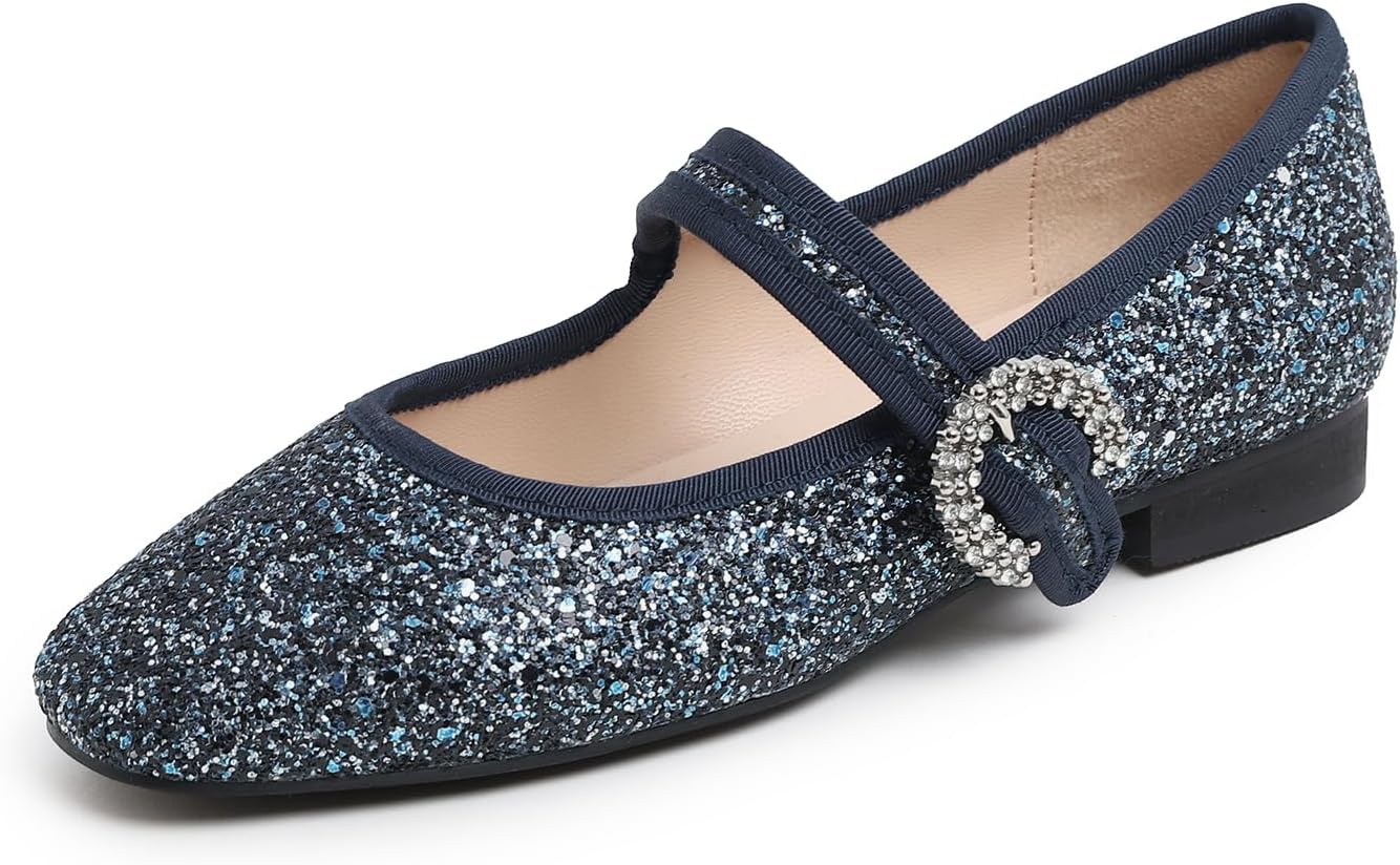 Sq Maryjane Night Blue Glitter Rhinestone Buckle Low Heel