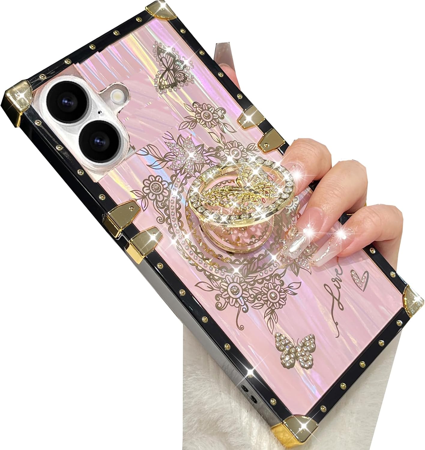 Changjia Glitter Kickstand Case for iPhone 16 Plus, Cute Luxury Bling Sparkly Rhinestones Butterfly Ring Stand Elegant Foral TPU Bumper Shockproof Women Girls Protective Case for iPhone 16 Plus, Pink