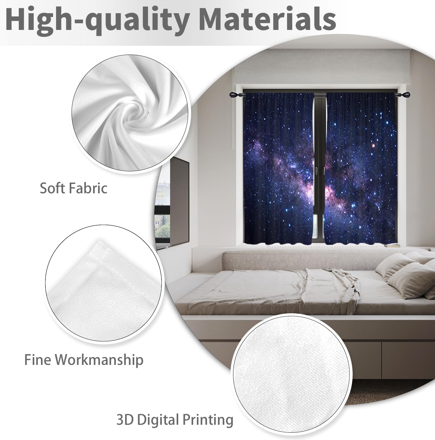 Galaxy Space Curtains Wide Boys Celestial Kids Star Dark Cool Nursery Gamer Gaming Outer Starry 52W x 63L Inch Rod Pocket for Bedroom Living Dining Room Window Drapes Treatment Fabric 2 Panels