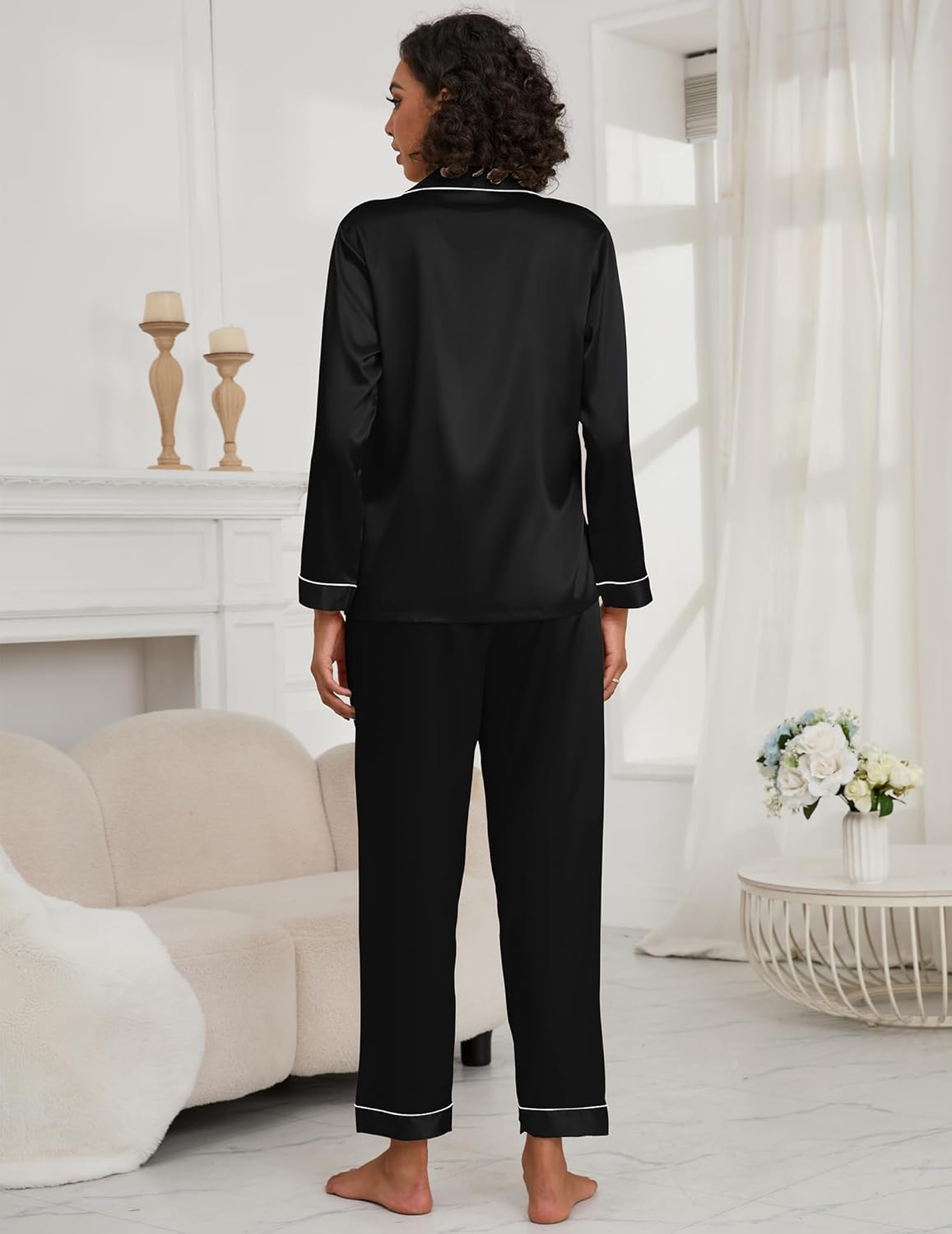 SOFTHO Women's Silk Pajamas 2 Piece Pj Sets Long Sleeve Loungewear Button Down Comfy Satin Sleepwear - Image 5