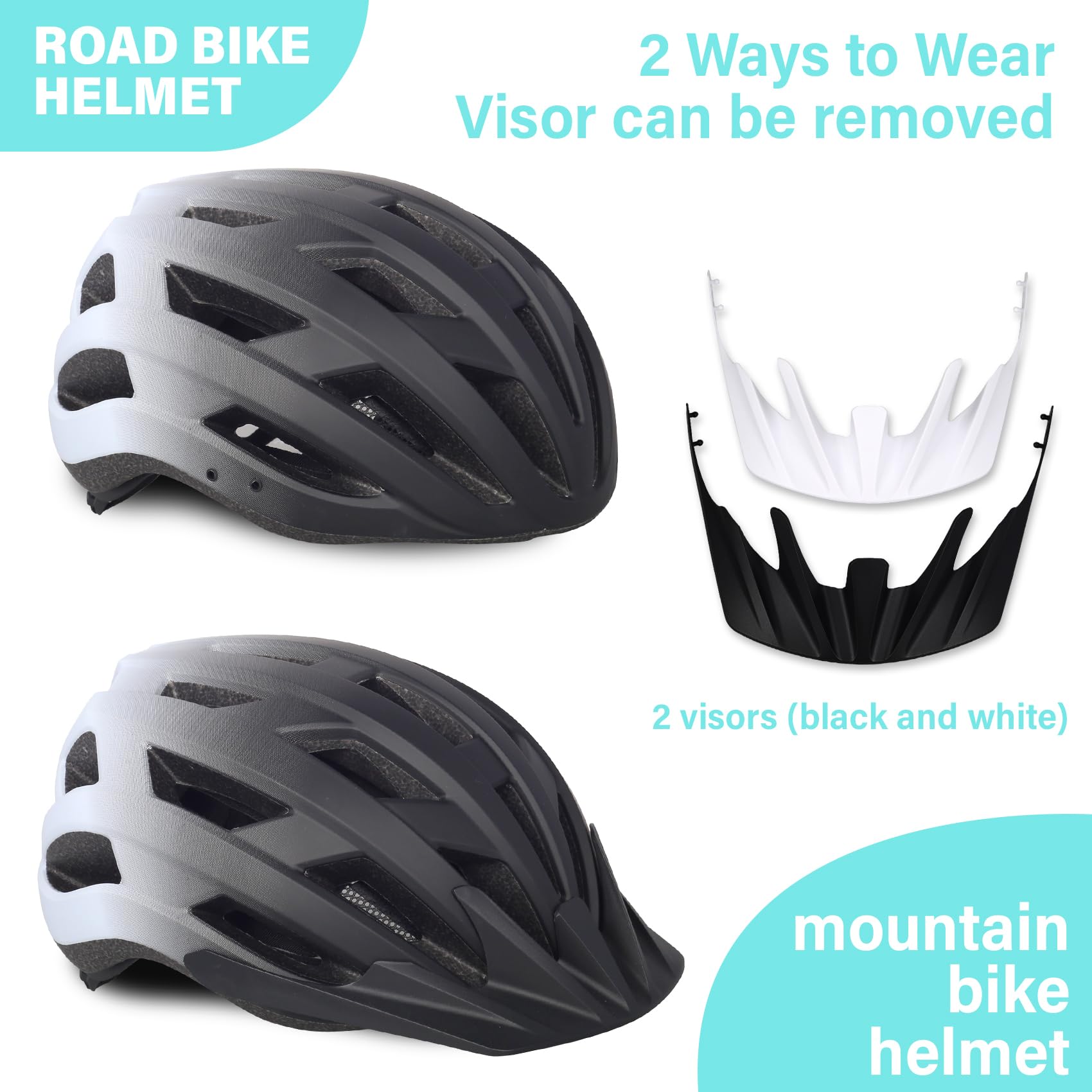 Fahrradhelm für Erwachsene, Jugendliche, Kinder, Jungen, Mädchen, leicht und verstellbar, mit 2 abnehmbaren Visieren