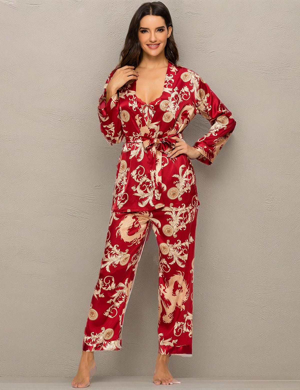 Escalier Ensemble de Pyjama 3 pièces en Satin de Soie pour Femme - Motif Floral Soyeux - Vêtement de Nuit Caraco avec Peignoir et Pantalon, Vin, M