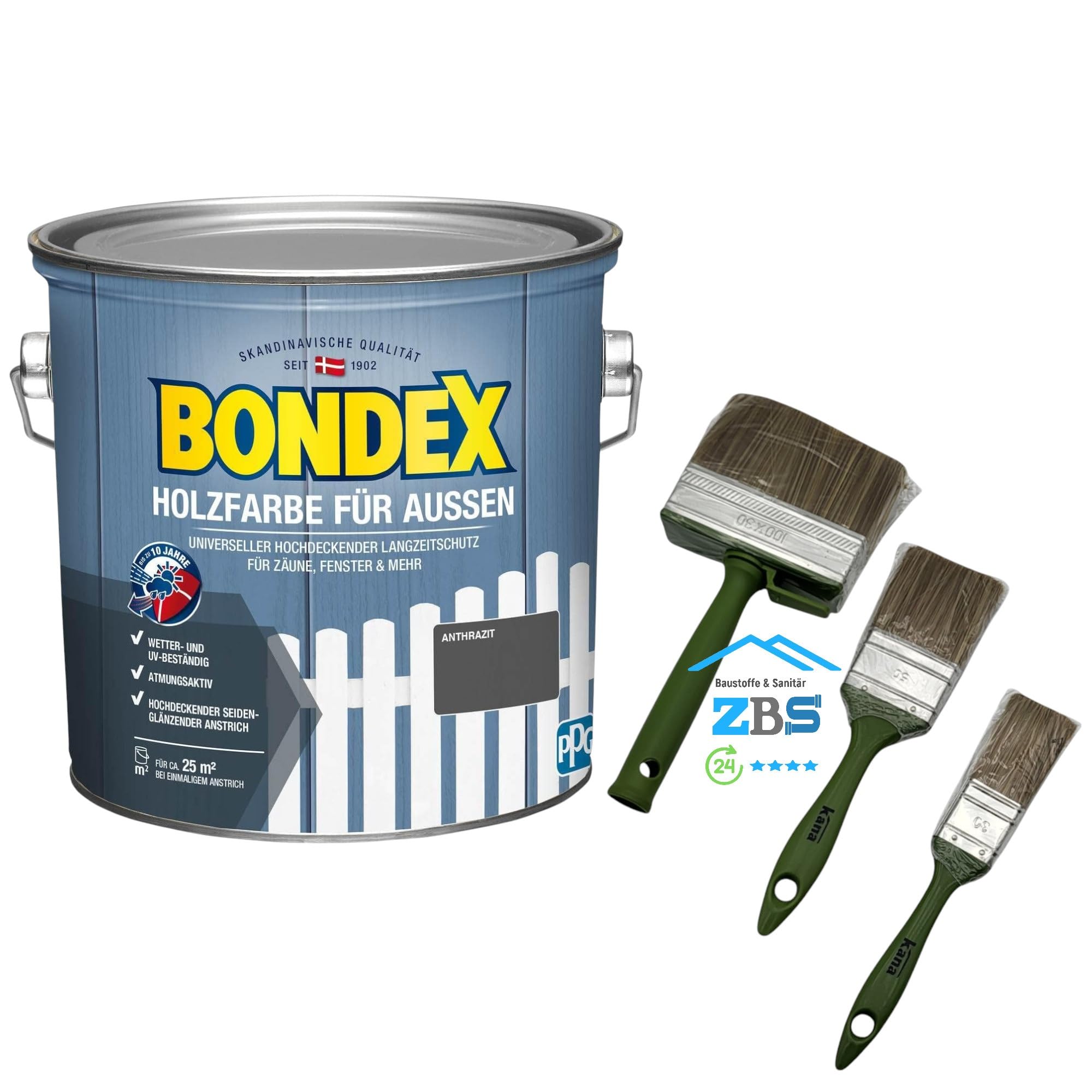 zbs24 Bondex Holzfarbe für Außen, hochdeckender Wetterschutzanstrich, Wetter- & UV-beständig, atmungsaktiv inkl. 3-teiligem Pinselset (anthrazit, 2,5 Liters)