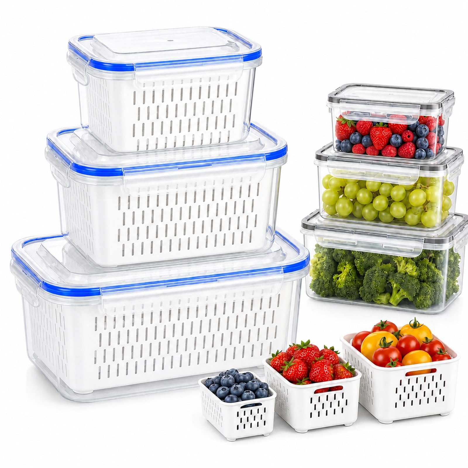 4-In-1 Fruit Strainer Container, Berry Storage Containers for Fridge with Removable Colander & Lid, Airtight Fresh Food Storage Containers with Drain Basket for Vegetable & Kitchen，Grey：S+M+L
