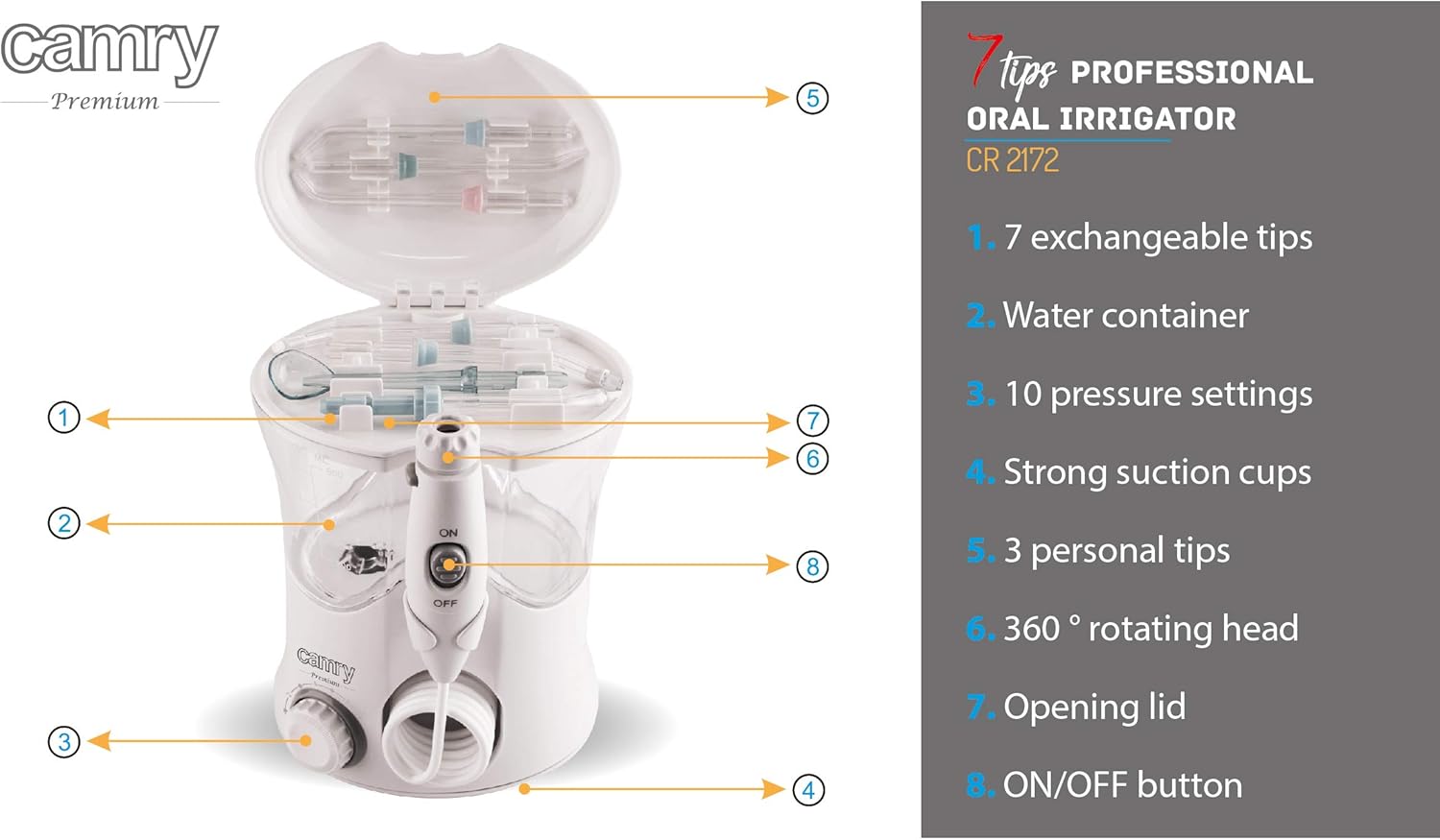 Diagram of CAMRY CR2172 Oral Irrigator with numbered parts: 1. 7 exchangeable tips, 2. Water container, 3. 10 pressure settings, 4. Strong suction cups, 5. 3 personal tips, 6. 360 degree rotating head, 7. Opening lid, 8. ON/OFF button.