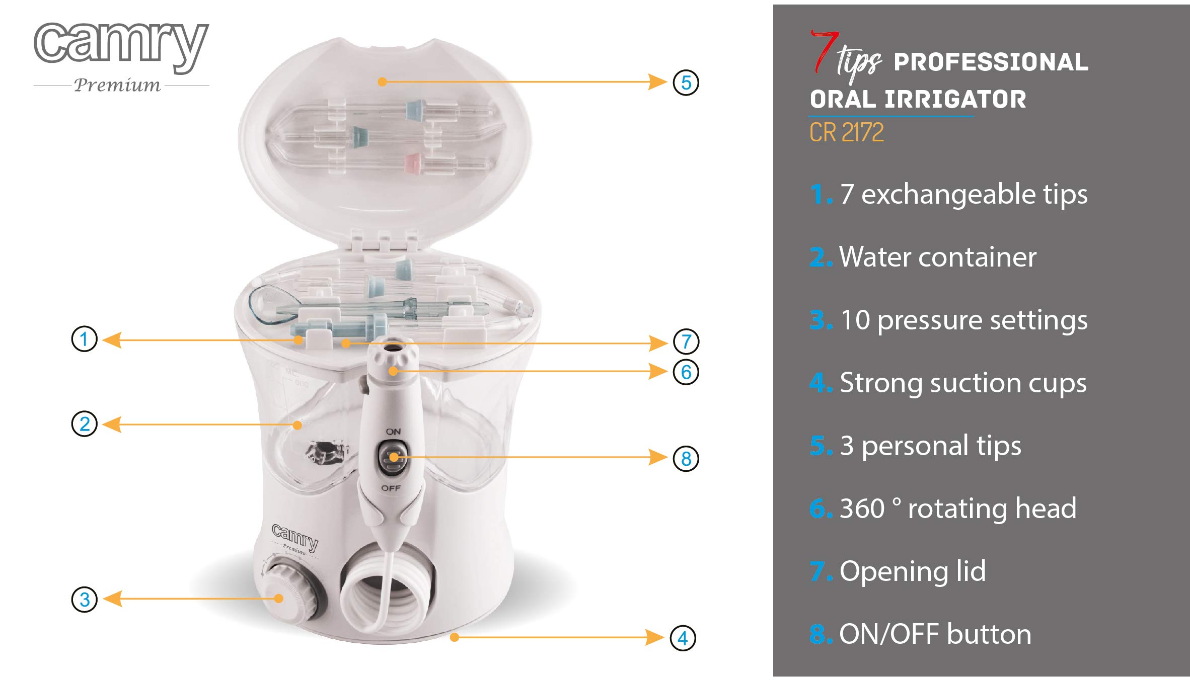 CAMRY CR2172 Irrigador Bucal Portátil con 7 Boquillas, Multifuncional 600ml Irrigador Dental, Profesional, Limpieza de Dientes de Ortodoncia y Dientes de Implante, Lavado Pulsado de Dientes