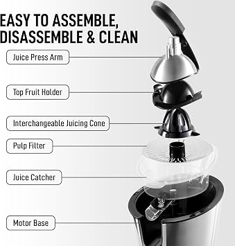 Zulay Electric Citrus Juicer - Makes Fresh Orange, Lemon, Grapefruit, Lime Juice - Stainless Steel, 160W Powerful & Quiet, Interchangeable Cones -Filters Out Seeds & Pulp- Dishwasher Safe Parts- Black