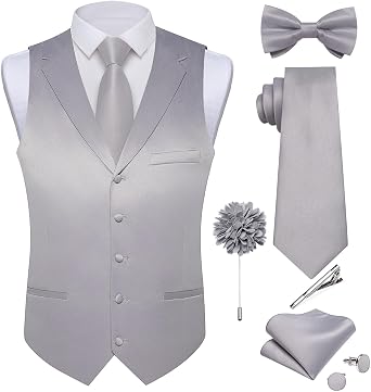 DiBanGu Formal Suit Vest Tie Set for Men Classic Solid Notch Lapel Dress Waistcoat Satin Vest Bowtie for Wedding Party
