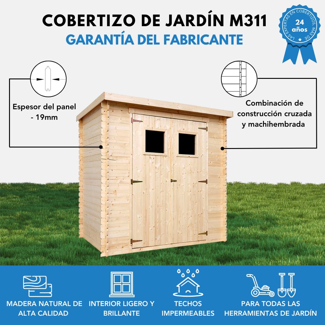 Casa de Almacenamiento jardín 142x204x200 cm/2.22 m2 - Caseta para Exterior jardín - Cobertizo de Madera pequeño - Techo, Ventanas- TIMBELA M311