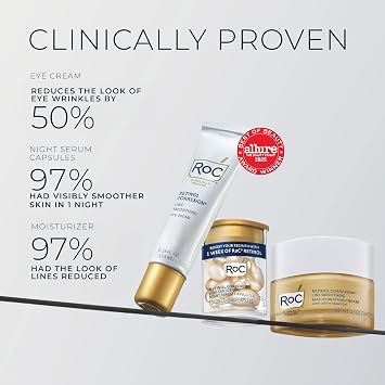 RoC Clinical Mini Retinol Anti-Aging Skincare Routine Kit with Line Smoothing Eye Cream, Serum Capsules, and Max Hydration Face Cream for Wrinkles and Dark Circles