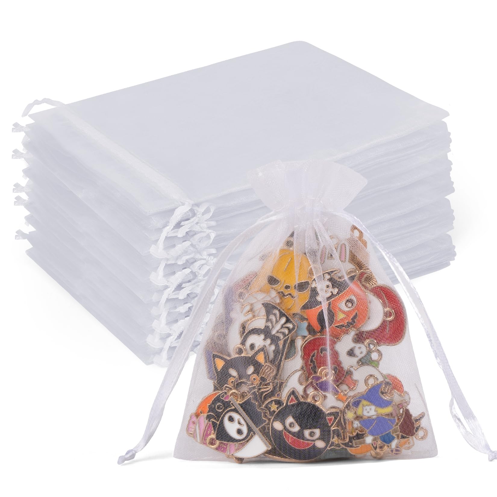 Crweety 50 Pcs Organza Bags 3x4, White Small Mesh Gift Bags Drawstring Bulk