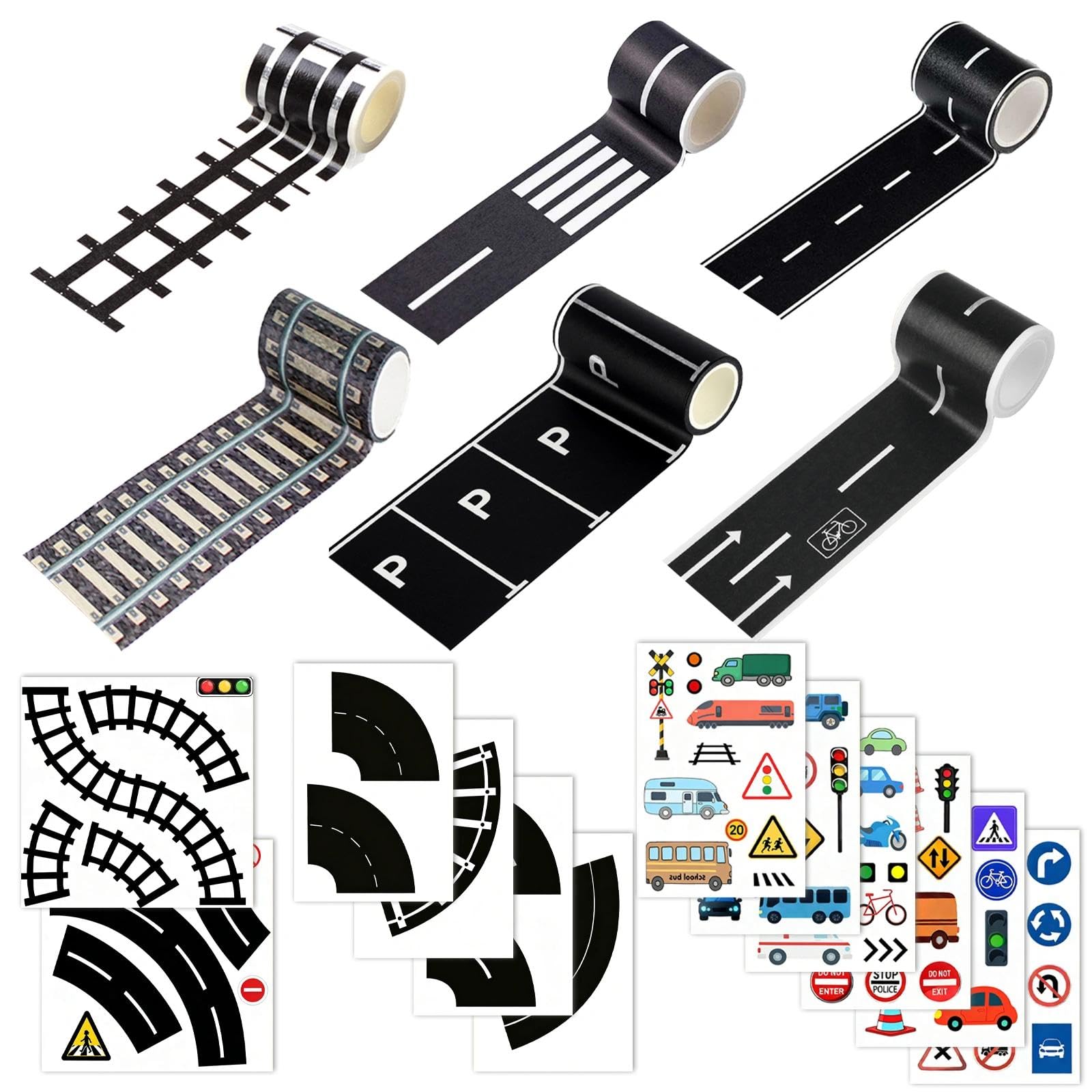 18 Pcs Road Tape DIY Traffic Road Railway Set, Durable Removable DIY Toy Car Track for Kids, Easy to Apply and Peel Off No Residue, Creative Play Mat to Develop Imagination, Learning Transportation