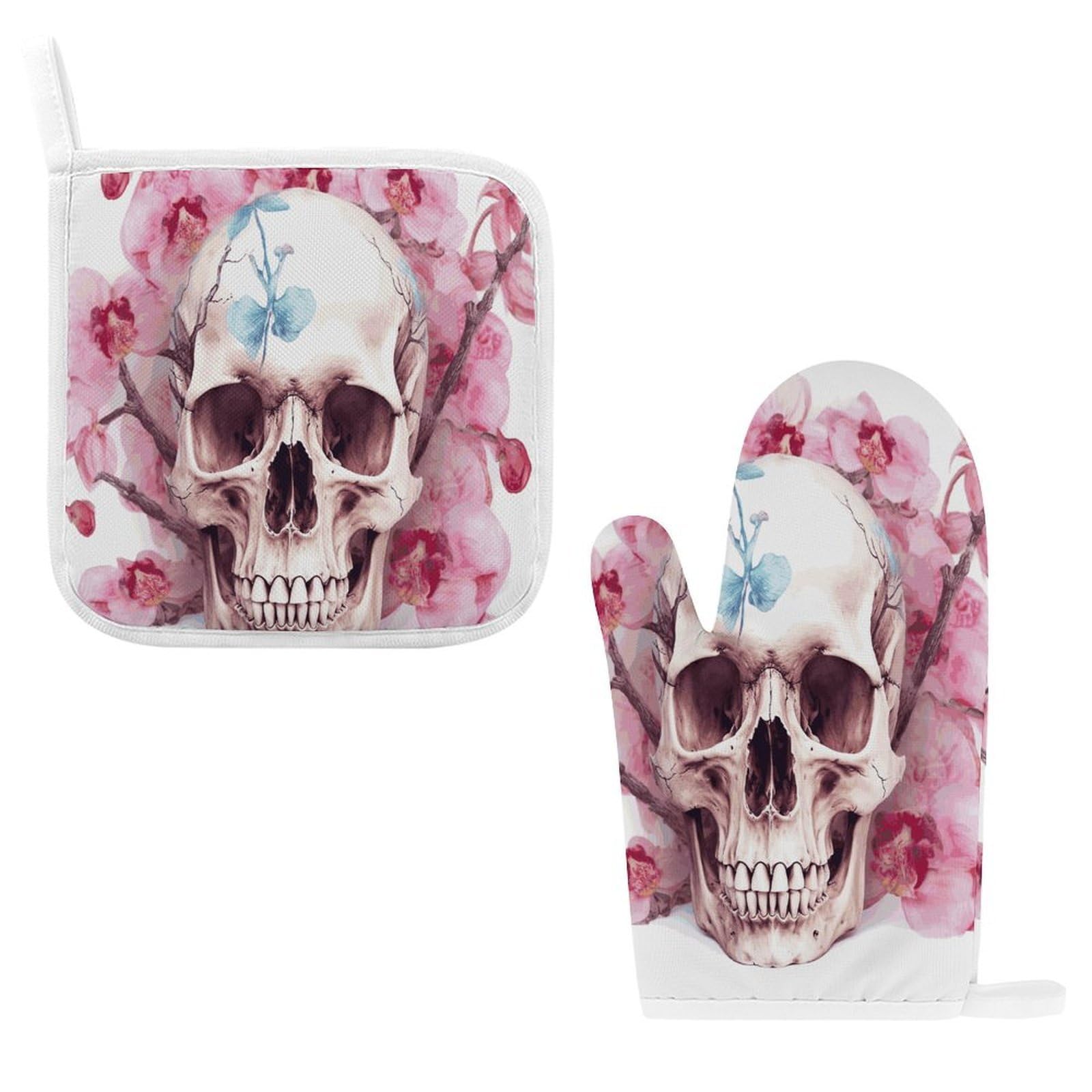 Btcowzrv Style Human Skull Pink Flowers Oven Mitts And Pot Holders 2Pcs Set