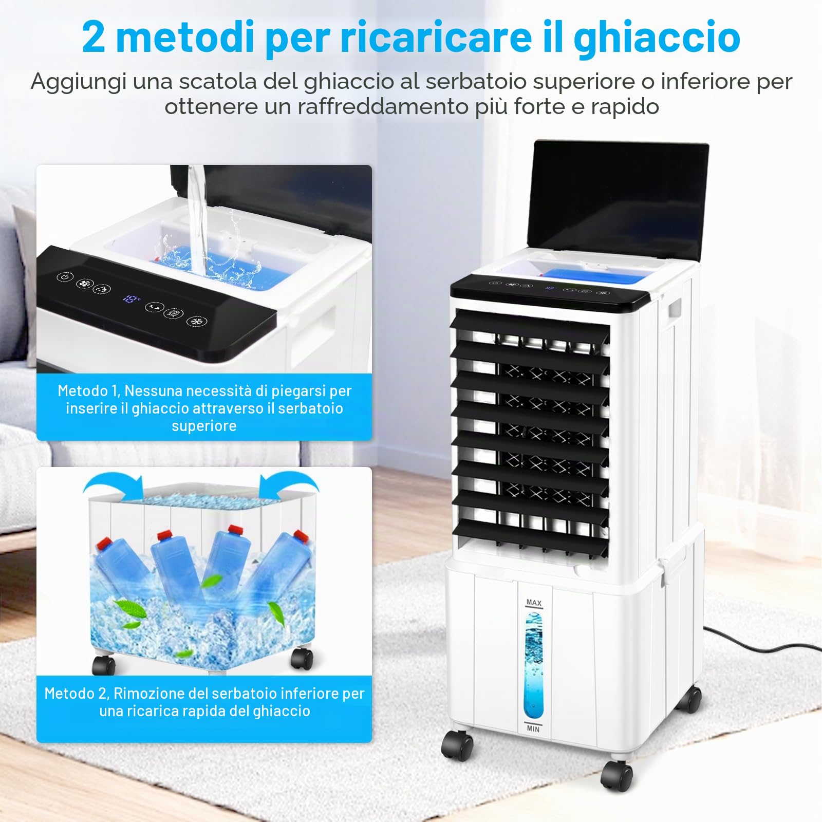 Condizionatore Condizionatore Senza Tubo di Scarico 14L 60W Condizionatore Mobile con Timer 12H 3 Modalità 40dB Oscillazione 120° Serbatoio Acqua Estraibile Telecomando Silenzioso