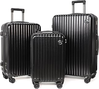 3-Piece Hardside Luggage Set, ABS+PC Spinner Suitcase with Anti-Burst Zipper & Built-in Lock, 20/24/28 Inch (Black)