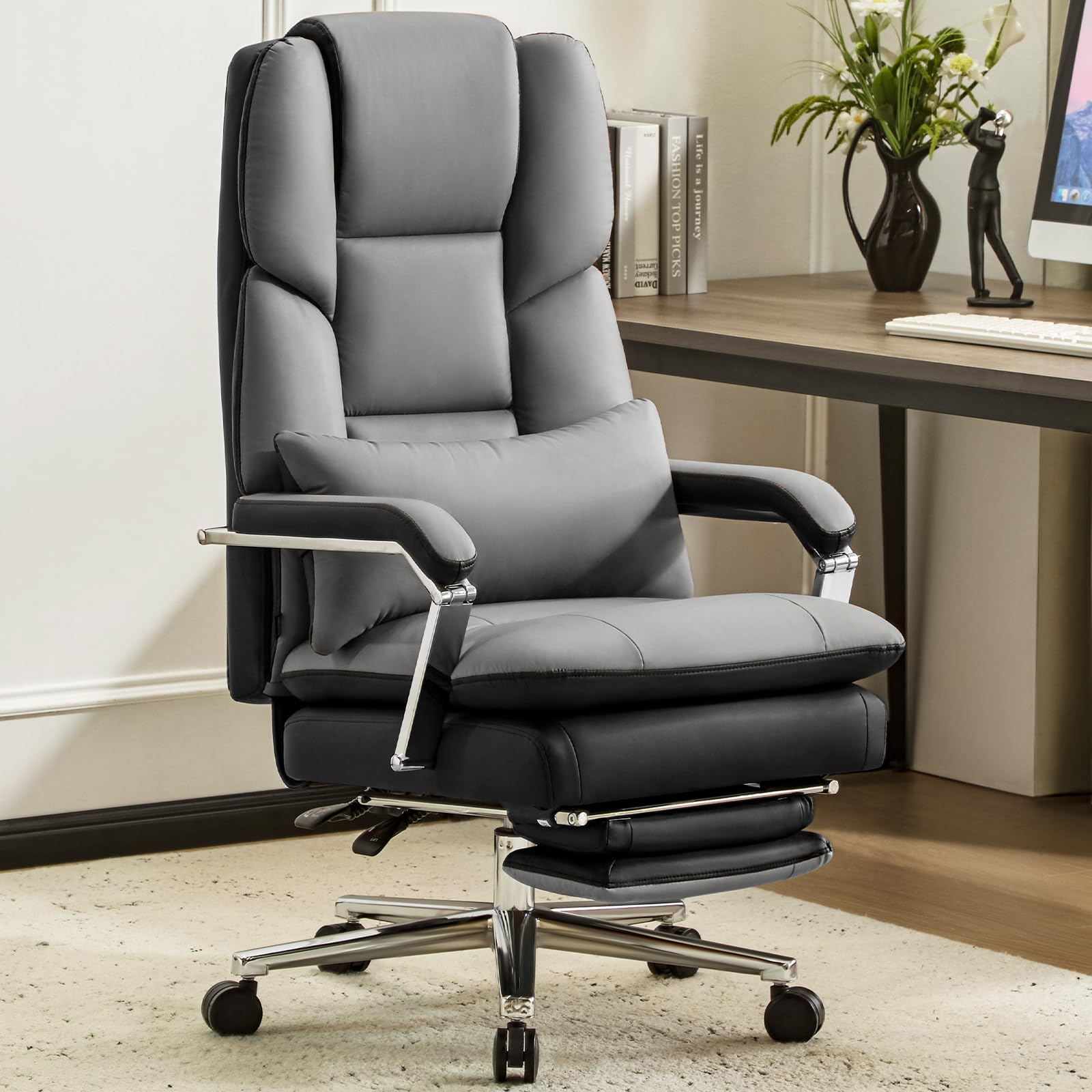 Furniliving Big and Tall Office Chair 500lbs,High Back Executive Leather Office Chair with Footrest,Wide Seat Reclining Desk Chair with Lumbar Support