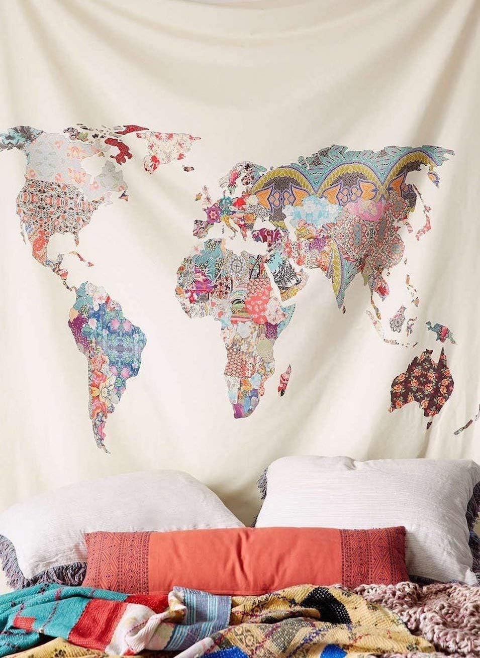 FLBER Floral World Map Wall Tapestry Headboard Wall Art Bedspread Dorm Tapestry Home Decor,60"x 60",Twin