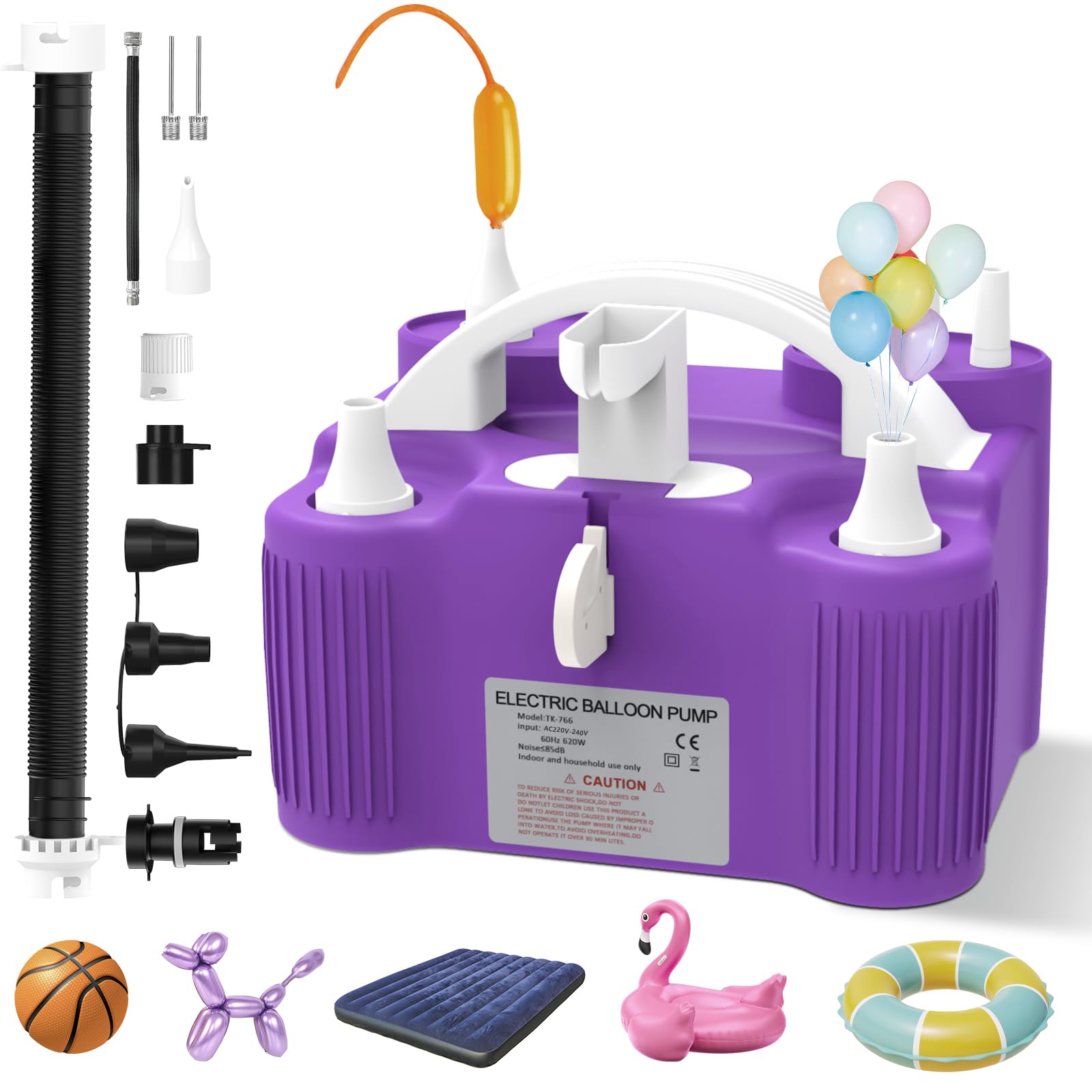 PlusFive Pompe à air électrique, 4-en-1, pompe à ballons électrique, multifonction avec double moteur, 11 buses pour gonflage/sortie de ballons modelants, ballons de sport, matelas gonflables