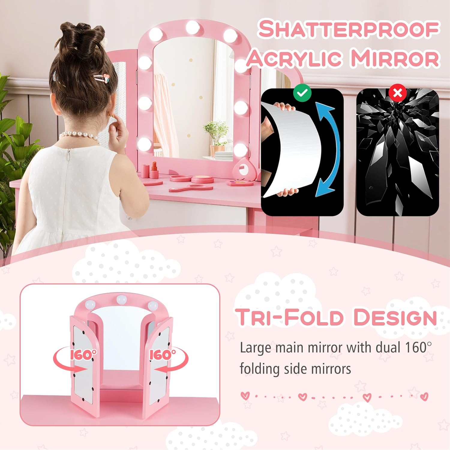 HONEY JOY Kids Vanity with Lights, Wooden Princess Makeup Dressing Desk with Tri-Folding Mirror, Drawer, Pretend Play Toddler Vanity Table and Chair Set with Lighted Mirror for Little Girls (Pink)