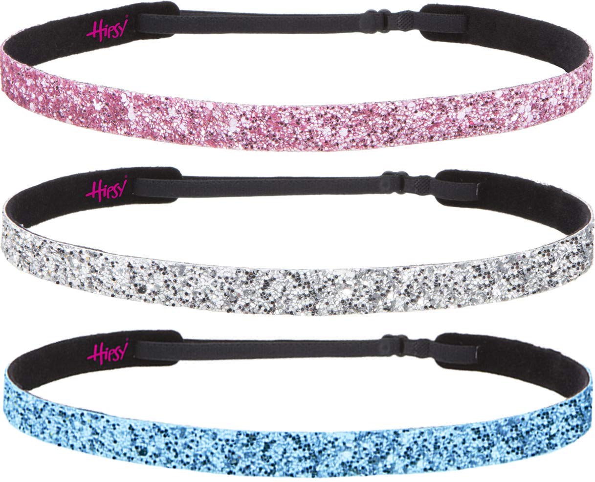 Hipsy Regular Size, Adjustable No Slip Sparkly Bling Glitter Skinny 3pk Headbands for Women Girls & Teens (Skinny Light Blue/Silver/Light Pink)