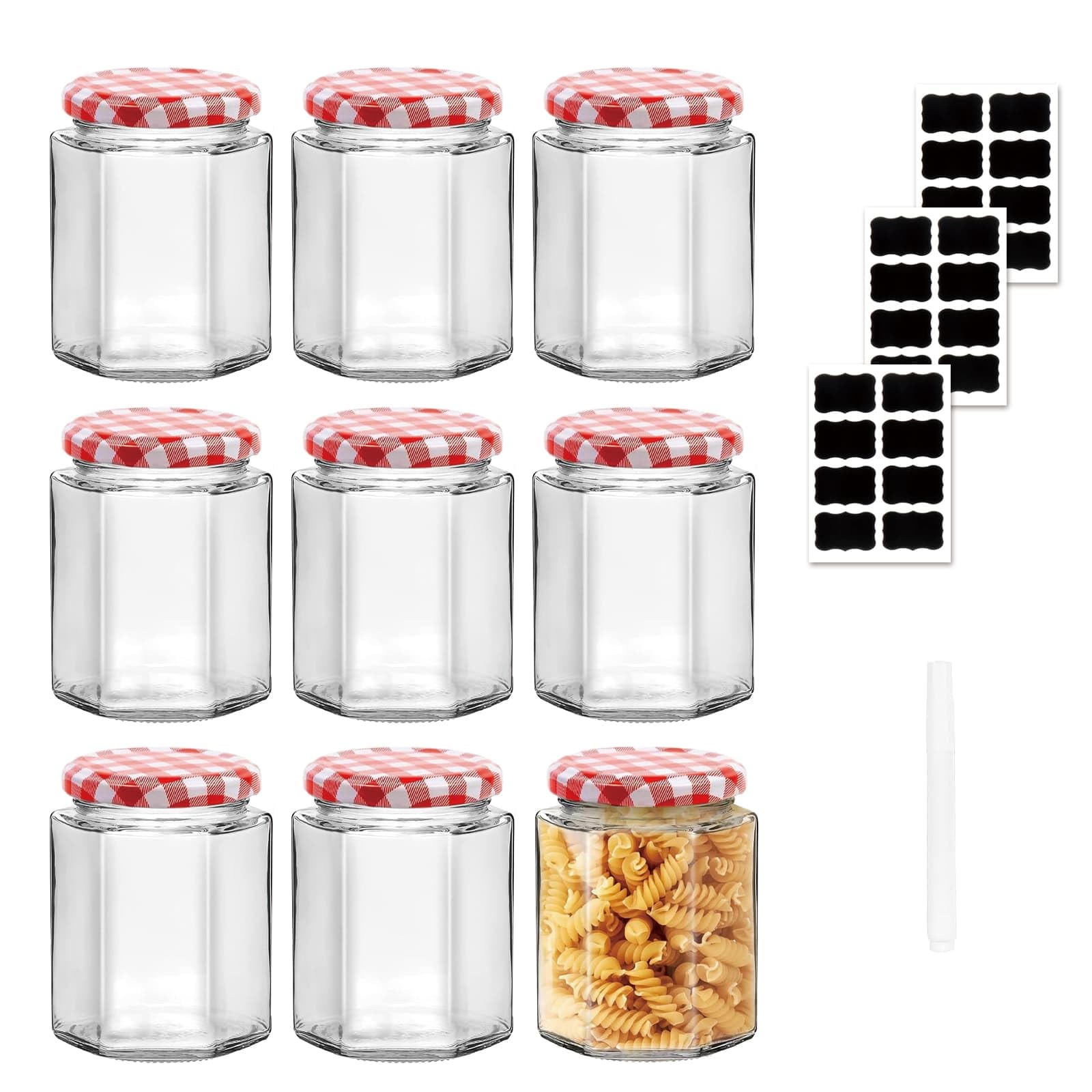 Dyuee Red Glass Jam Jars Set Of 9 With Gingham Lid, 280Ml/9Oz Hexagonal Storage Glass Jars With Stickers And Pens For Marmalade, Chutney, Jam, Pickle